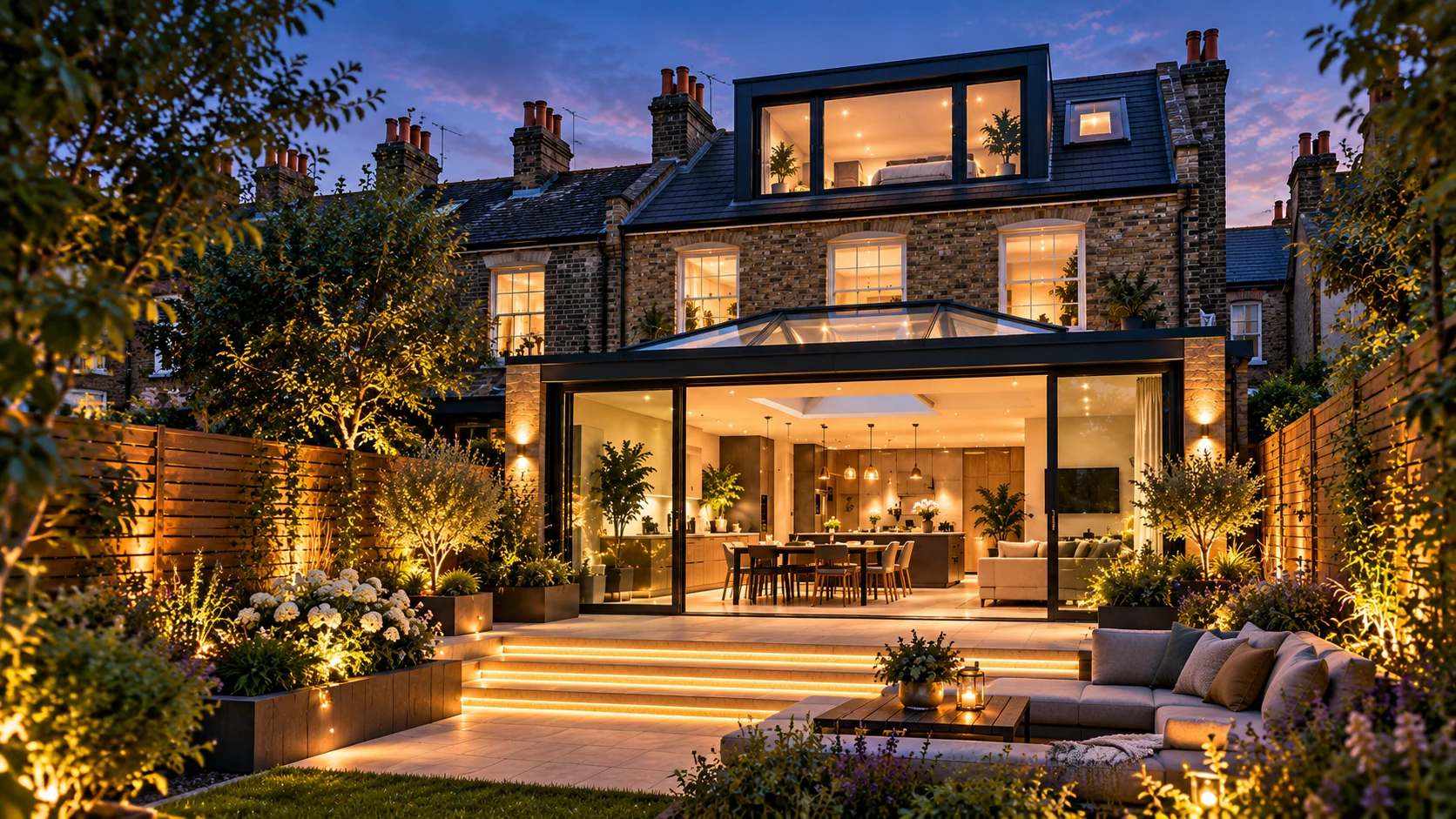Architectural visual of a London home enhanced with a contemporary glazed rear extension and dormer loft conversion